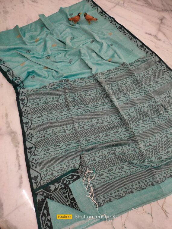 Awesome Sea Green Handwoven Cotton Jamdani Saree With Black Borders