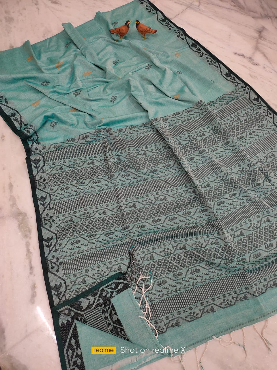Awesome Sea Green Handwoven Cotton Jamdani Saree With Black Borders