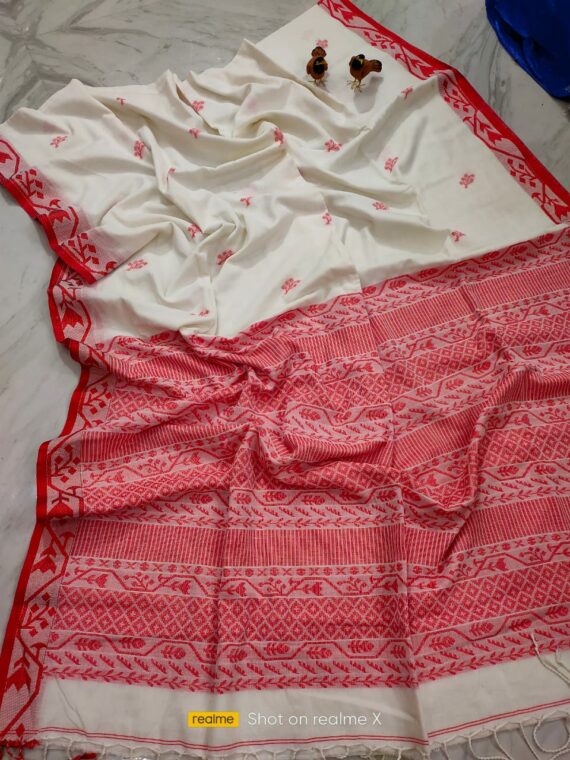 Beautiful White Handwoven Cotton Jamdani Saree With Red Border