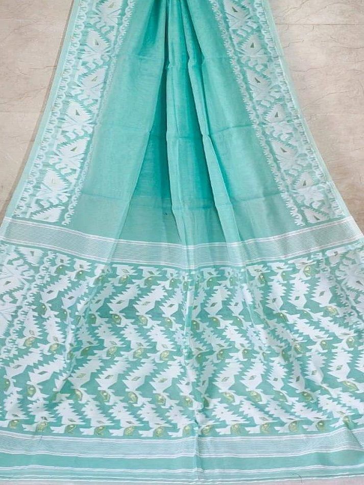 Claming Seagreen Dhakai Jamdani Light Weight Cotton Silk Saree Without Blouse