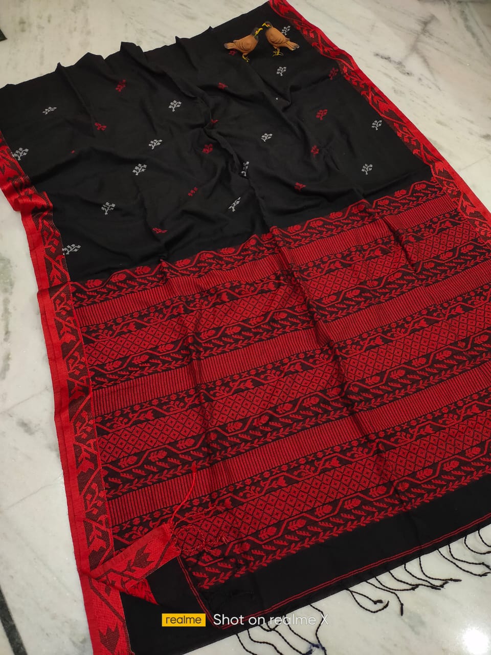 Gorgeous Black Handwoven Cotton Jamdani Saree With Red Borders