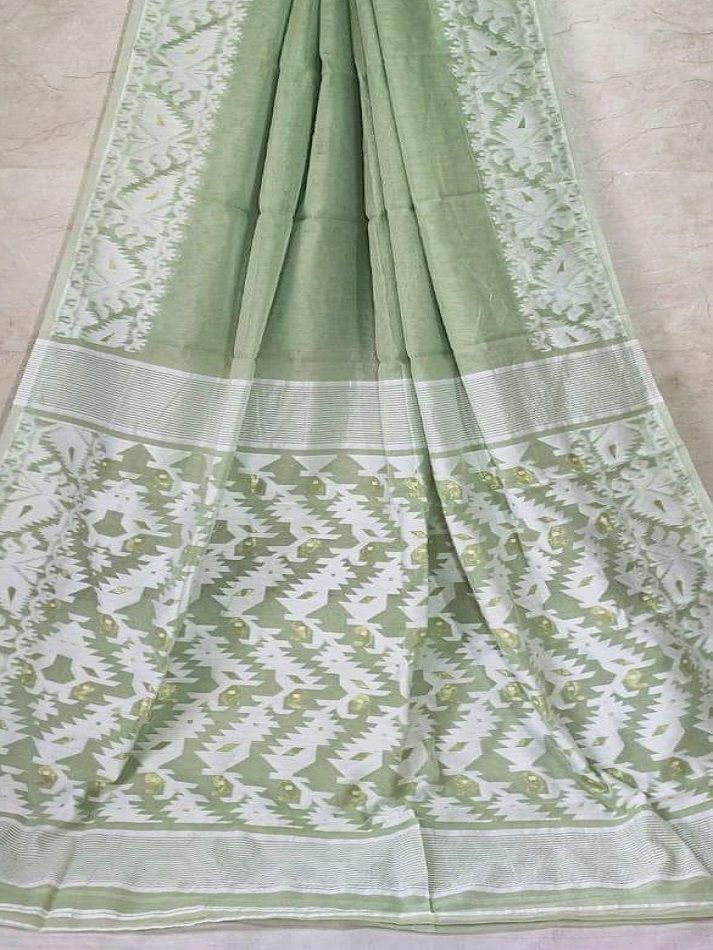 Light Olive Green Dhakai Jamdani Light Weight Cotton Silk Saree Without Blouse