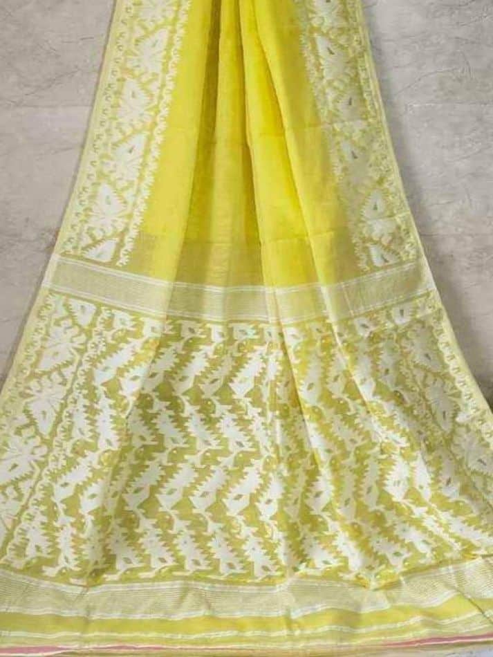 Lovely Bright Yellow Dhakai Jamdani Light Weight Cotton Silk Saree Without Blouse