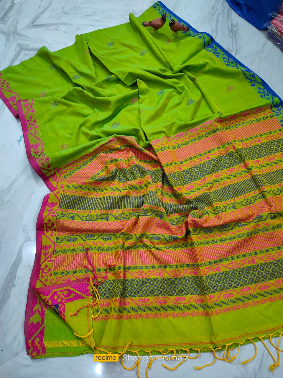 Lovely Green Handwoven Cotton Jamdani Saree With Contrast Borders