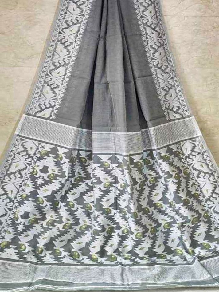 MIghty Grey Dhakai Jamdani Light Weight Cotton Silk Saree Without Blouse