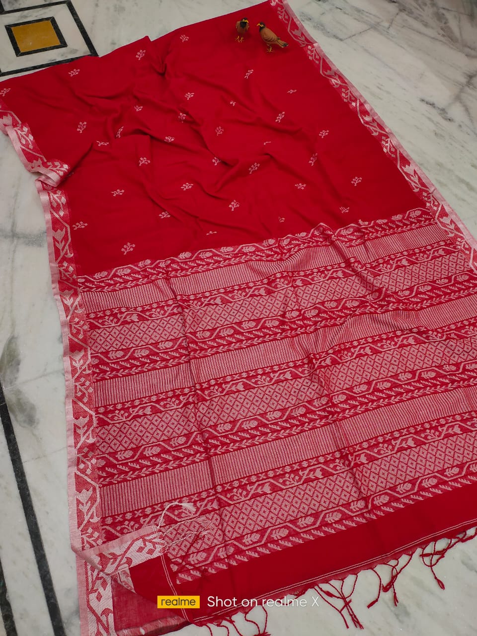 Mighty Bright Red Handwoven Cotton Jamdani Saree With White Borders