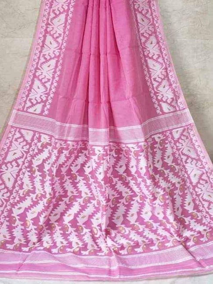 Pretty Pink Dhakai Jamdani Light Weight Cotton Silk Saree Without Blouse