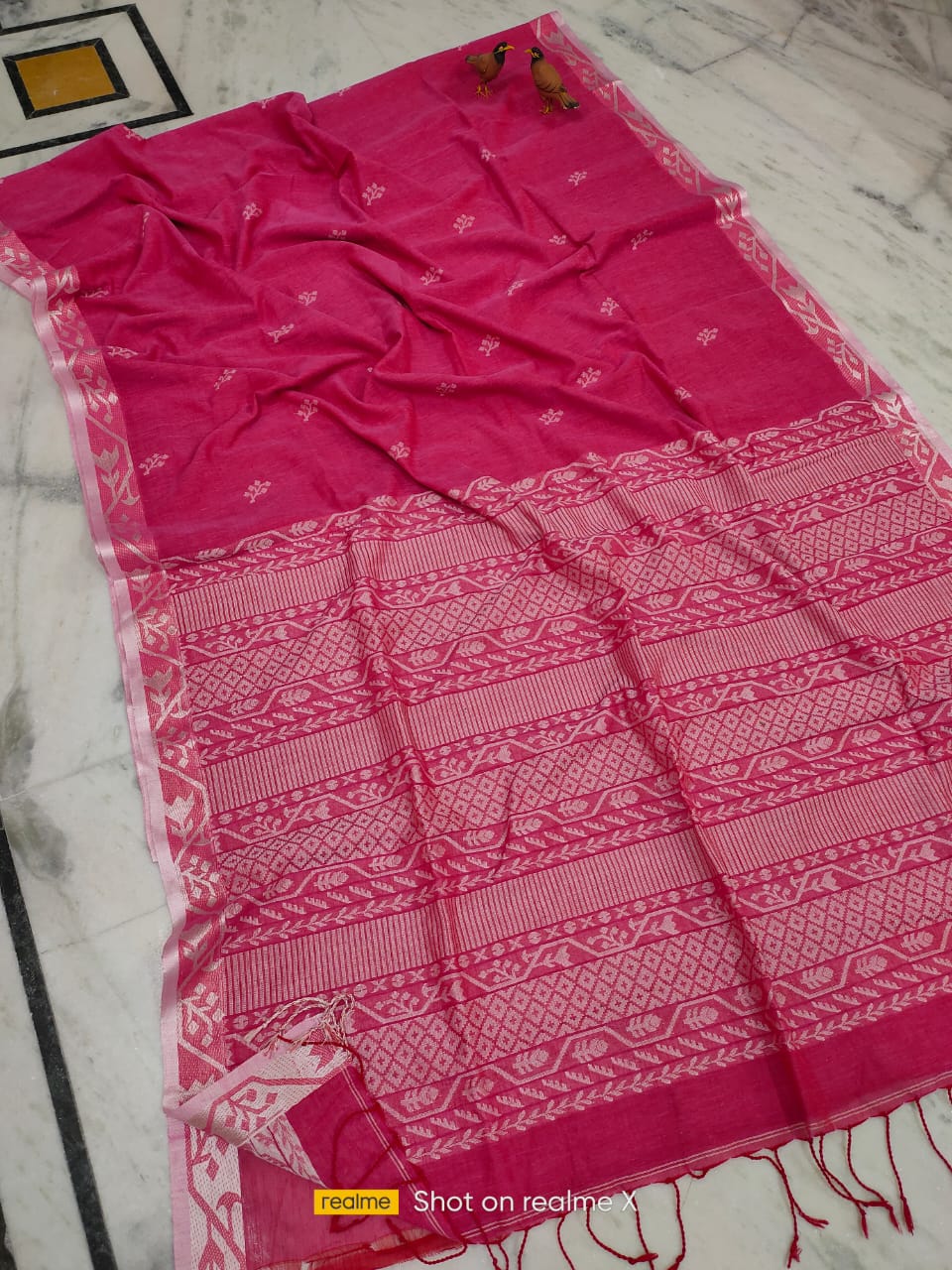 Pretty Pink Handwoven Cotton Jamdani Saree With White Borders
