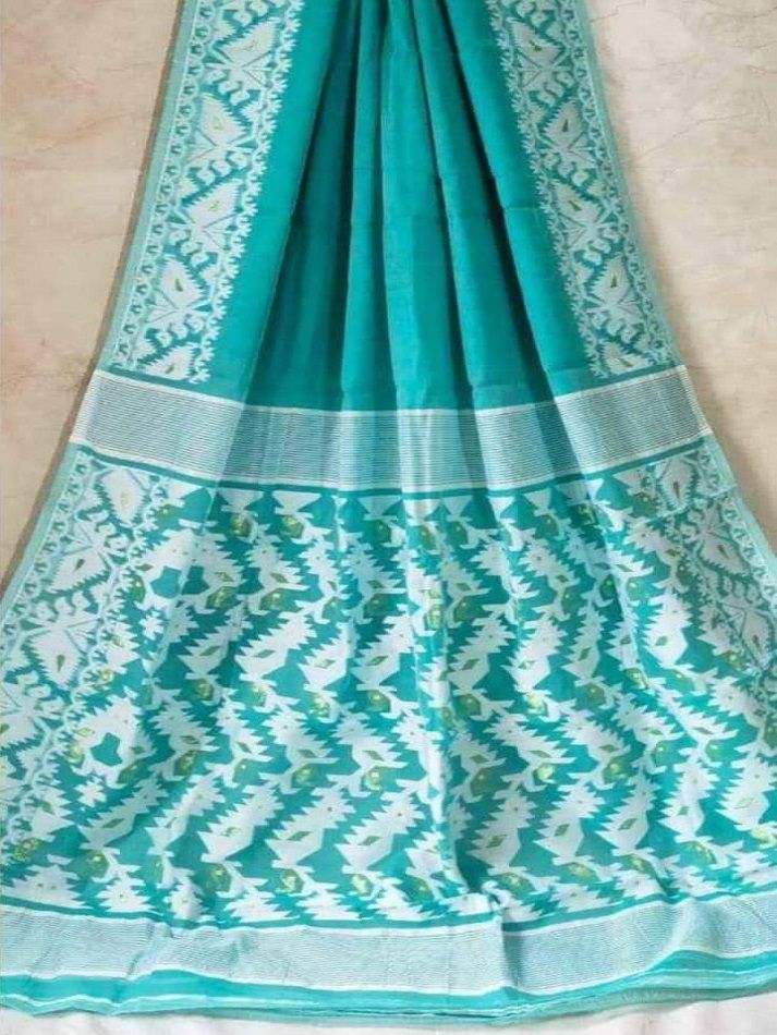 Serene Teal Green Dhakai Jamdani Light Weight Cotton Silk Saree Without Blouse