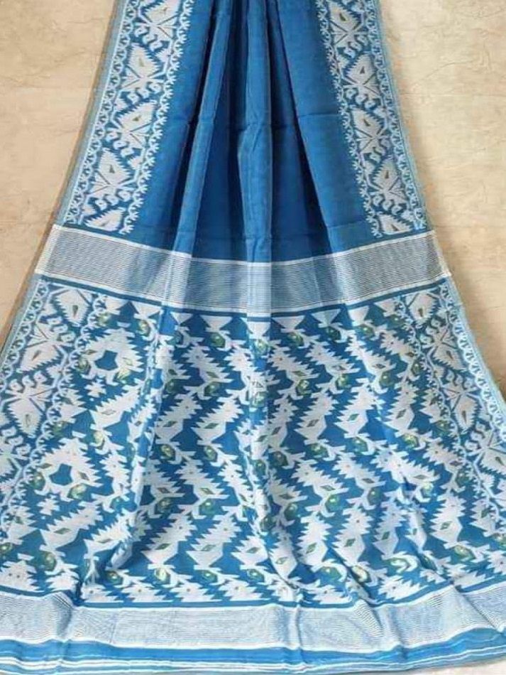 Stunning Blue Dhakai Jamdani Light Weight Cotton Silk Saree Without Blouse