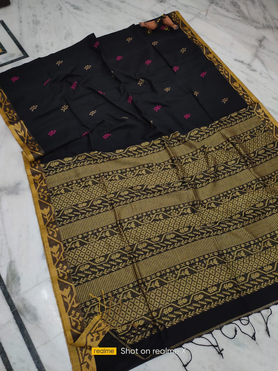 Unique Black Handwoven Cotton Jamdani Saree With Mustard Yellow Borders