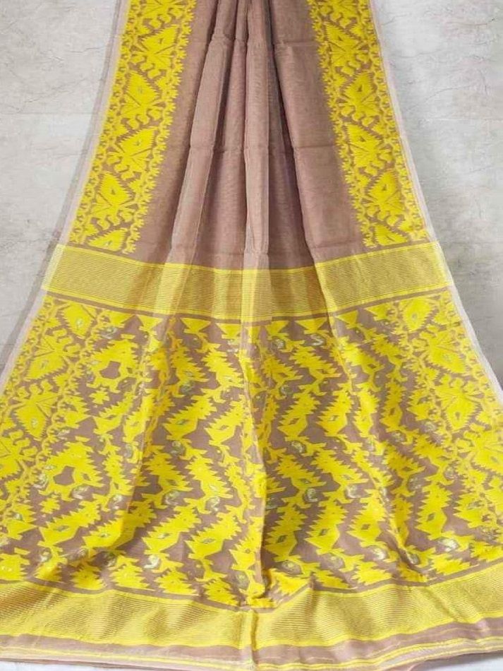 Yellow Brown Blend Dhakai Light Weight Jamdani Cotton Silk Saree Without Blouse