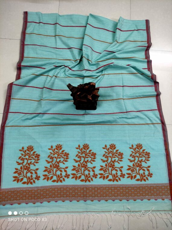 Aqua Blue Stripe Pattern Handwoven Cotton Saree