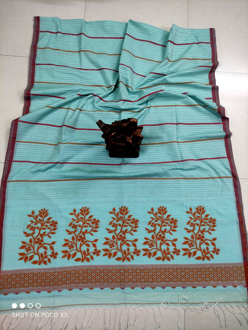 Aqua Blue Stripe Pattern Handwoven Cotton Saree