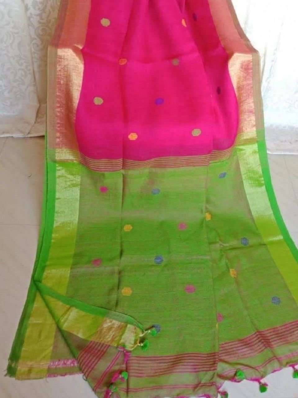 Awesome Bright Pink Green Fusion Ball Butti Linen Jamdani Saree