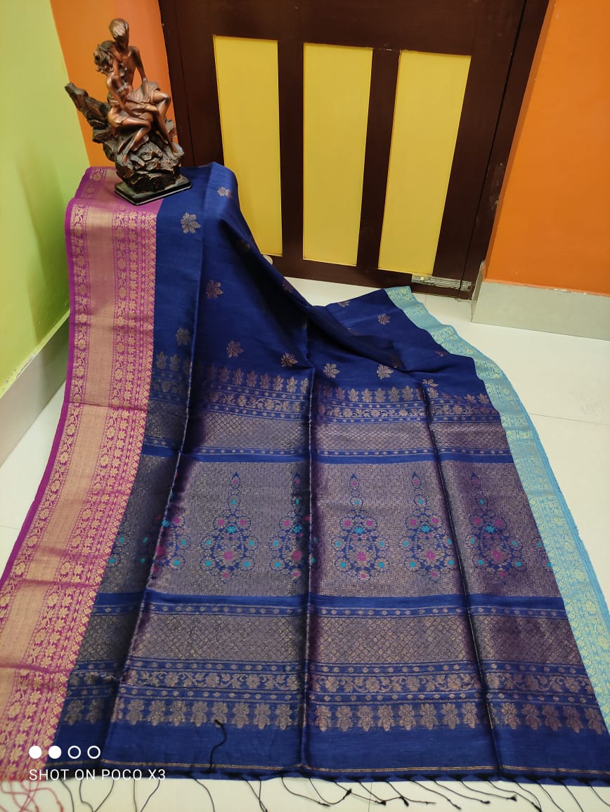 Awesome Royal Blue Handwoven Kanjivaram Inspired Linen Cotton Blend Saree