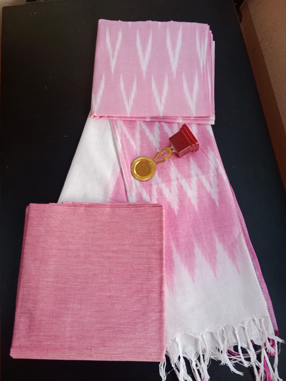 Baby Pink Fusion Ikkat Cotton Dress Material With Dupatta And Bottom