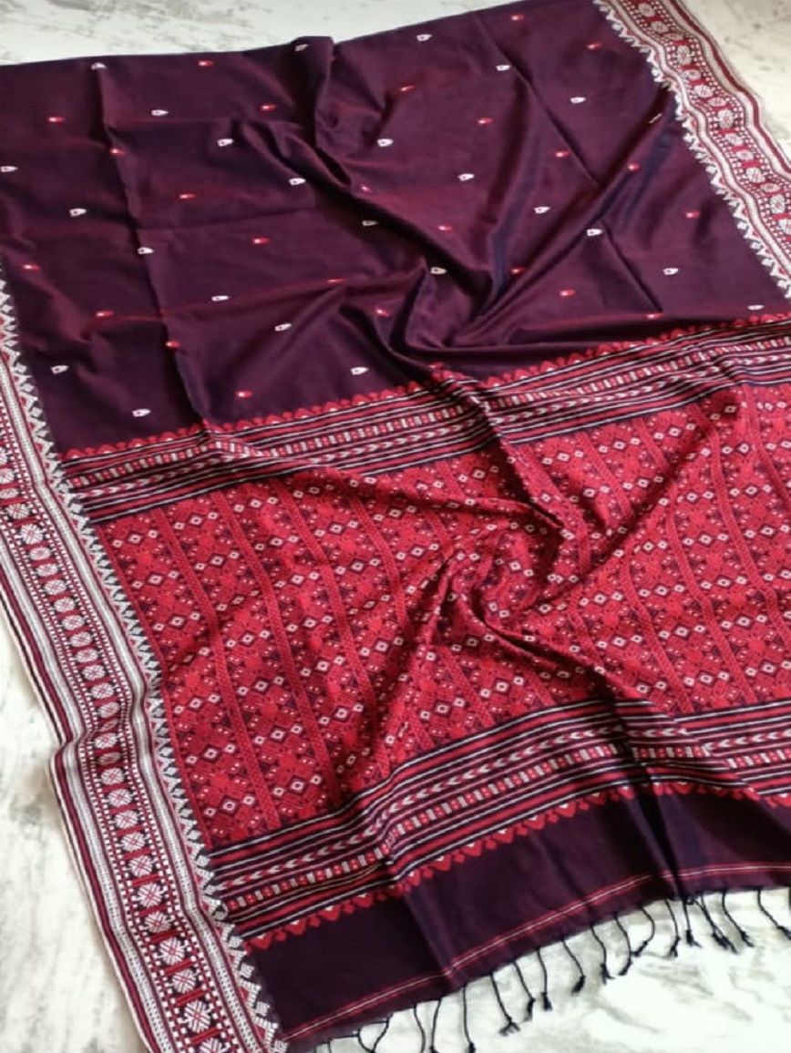 Beautiful Burgundy Assam Mekhela Handwoven Cotton Saree