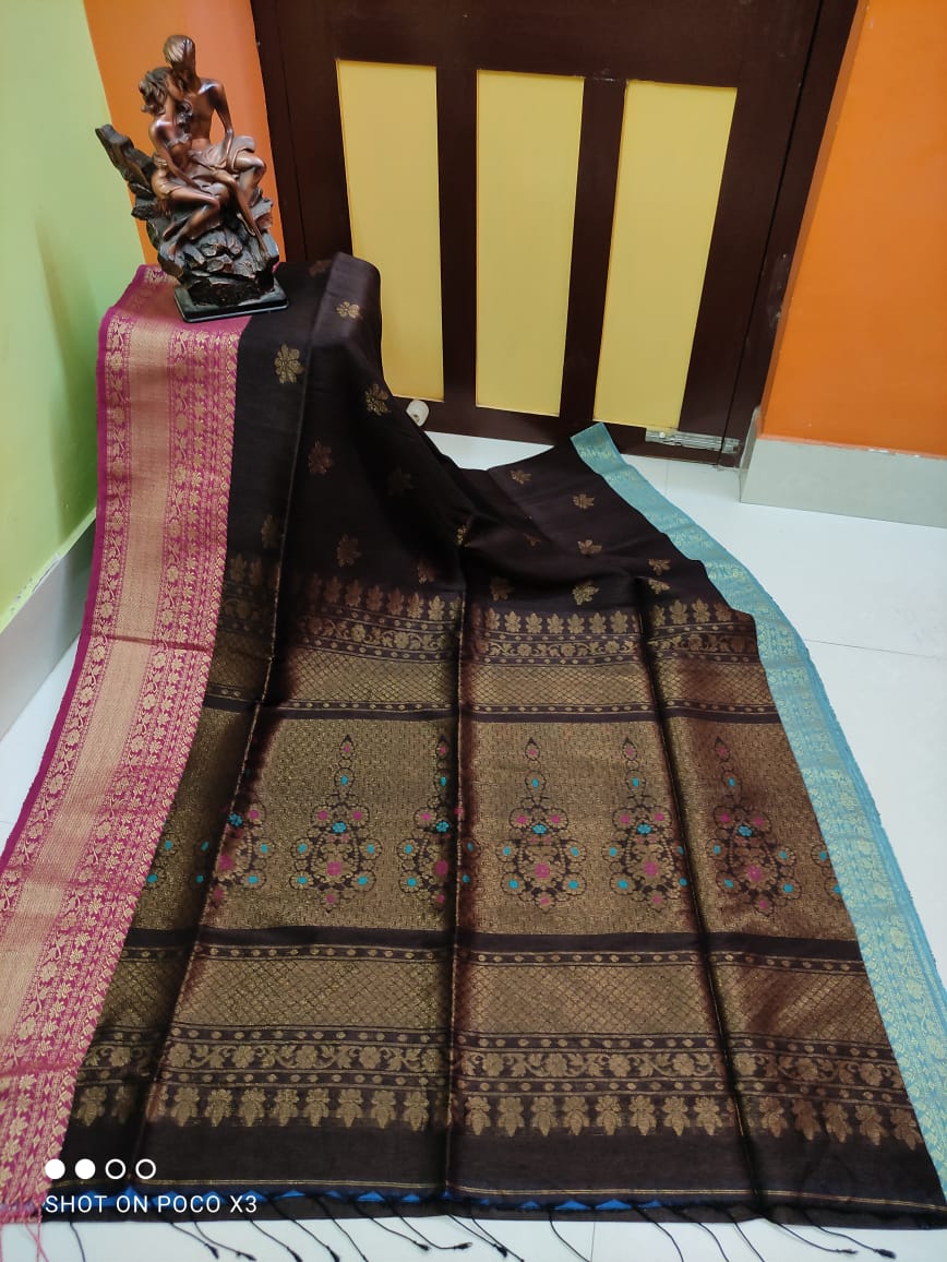 Beautiful Chocolate Brown Handwoven Kanjivaram Inspired Linen Cotton Blend Saree