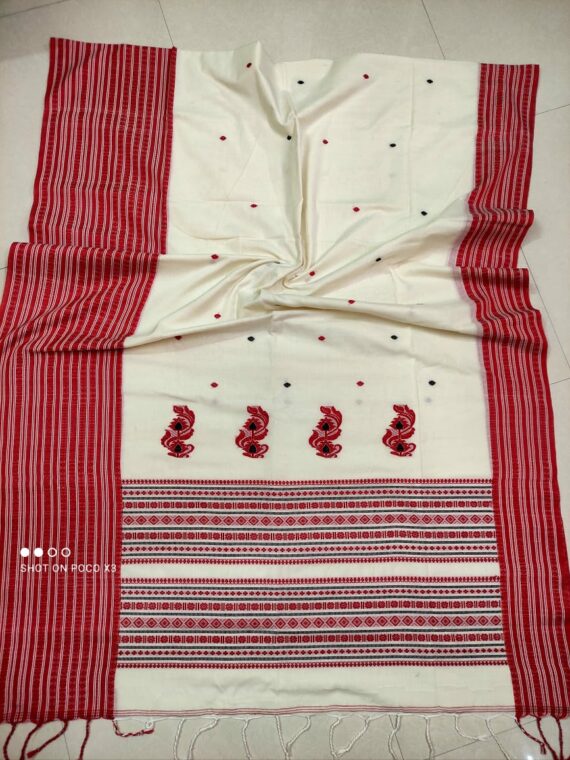 Beautiful OffWhite Red Pure Cotton Handwoven Saree
