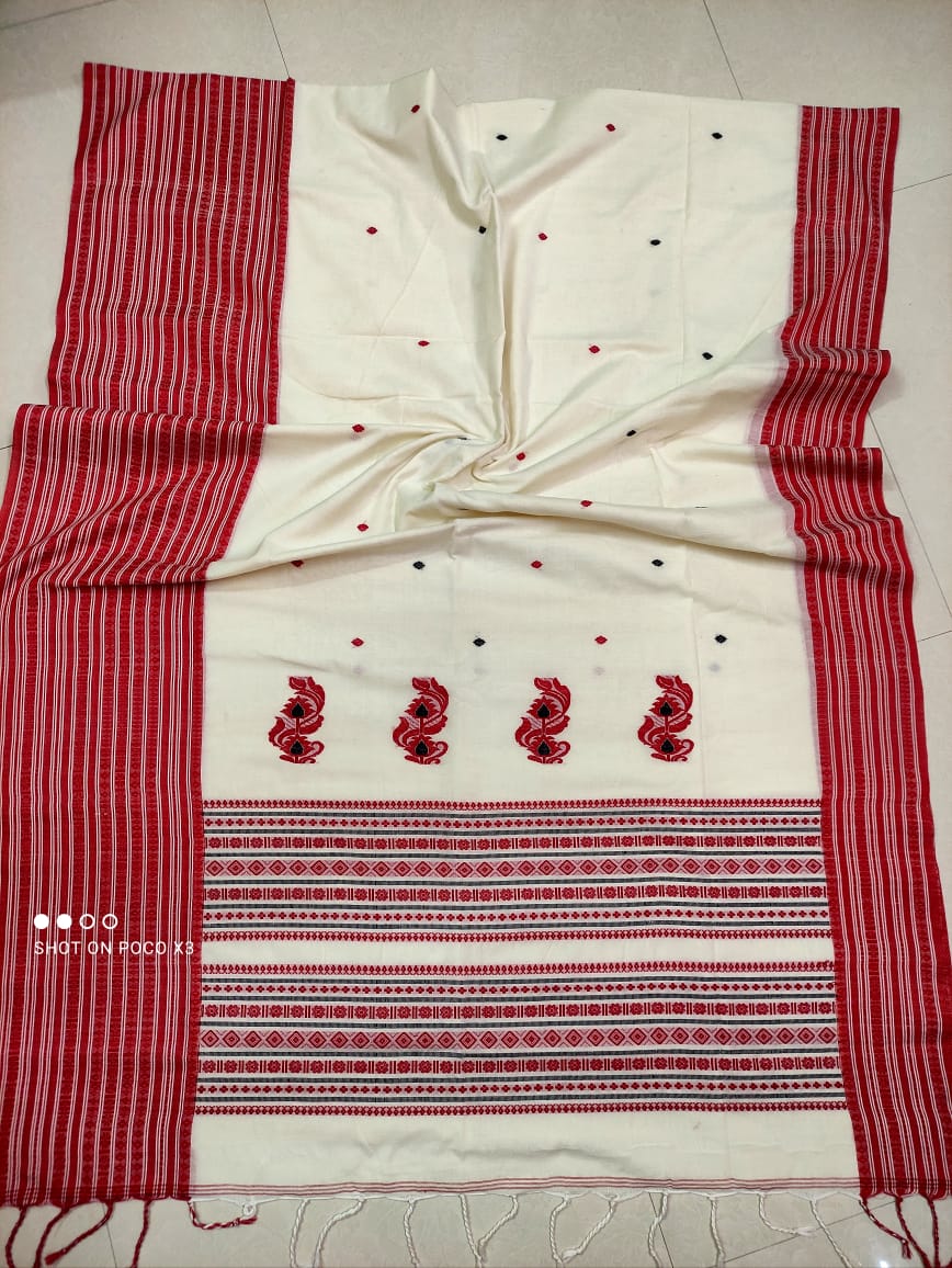 Beautiful OffWhite Red Pure Cotton Handwoven Saree
