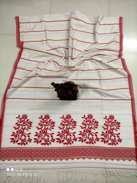 Beautiful White Red Stripe Pattern Handwoven Cotton Saree
