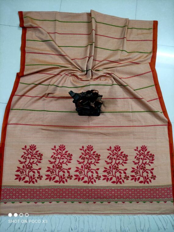Beige Red Blend Stripe Pattern Handwoven Cotton Saree
