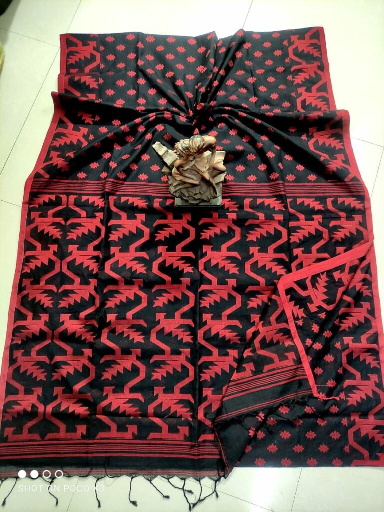 Handloom Cotton Happy Bird Jamdani Saree - Black