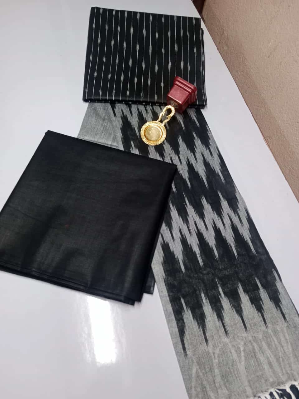 Black Grey Fusion Ikkat Cotton Dress Material With Dupatta And Bottom