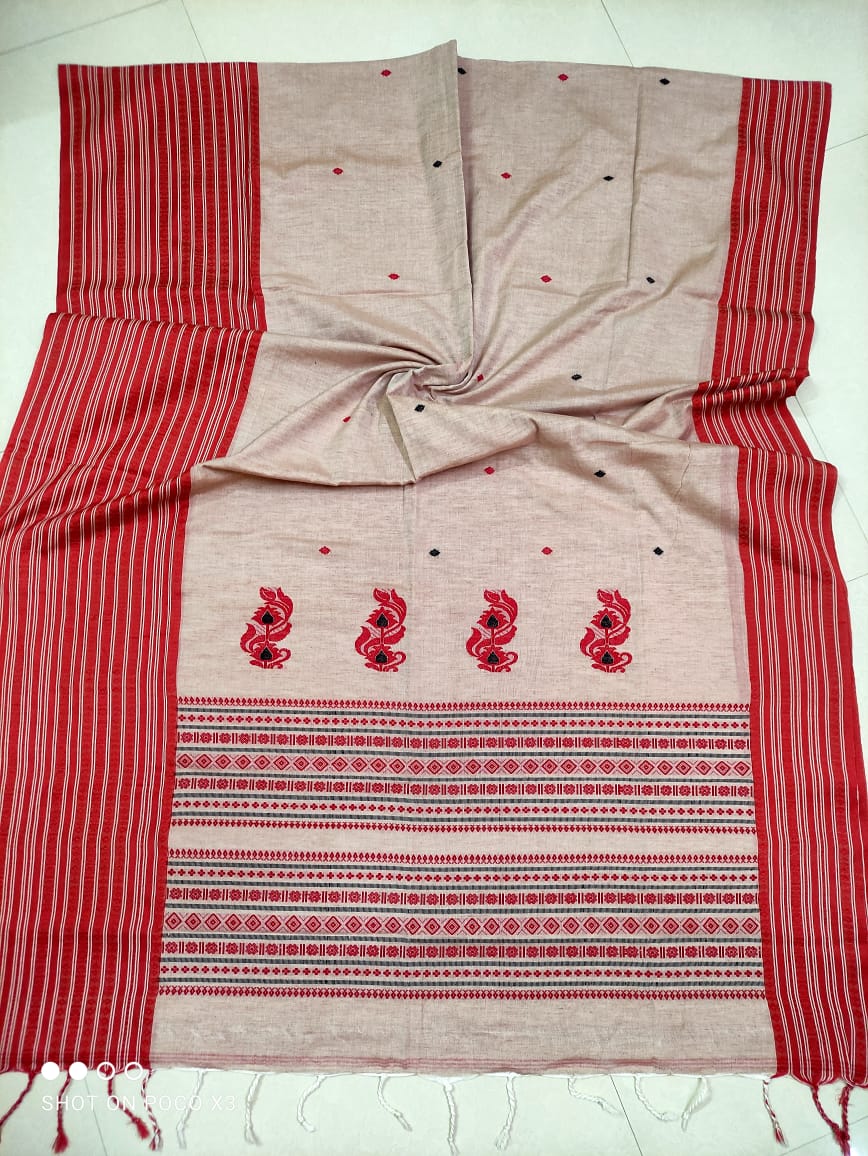 Blended Red White Black Pure Cotton Handwoven Saree