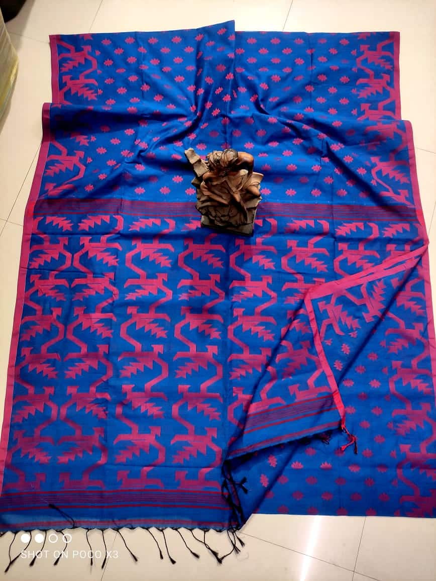 Blue Red Cotton Handwoven Jamdani Saree
