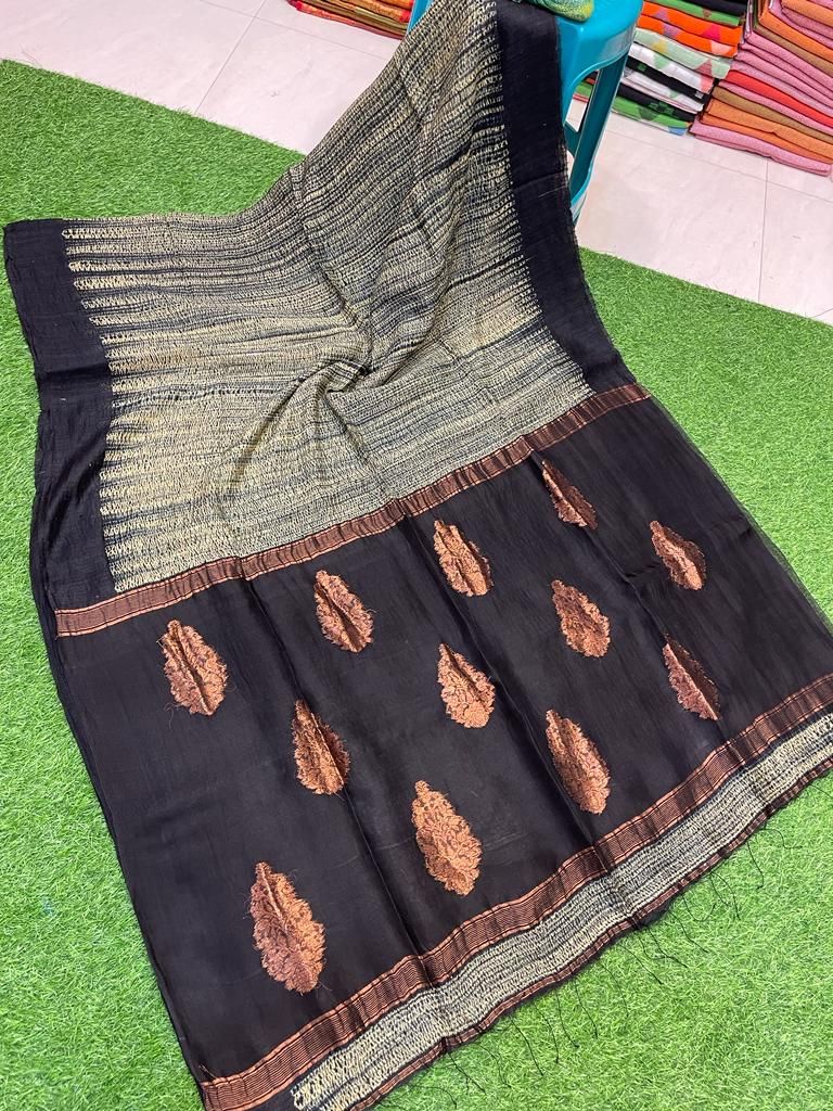 Charismatic Beige Black Blend Resham Matka Silk Shibori Design Saree