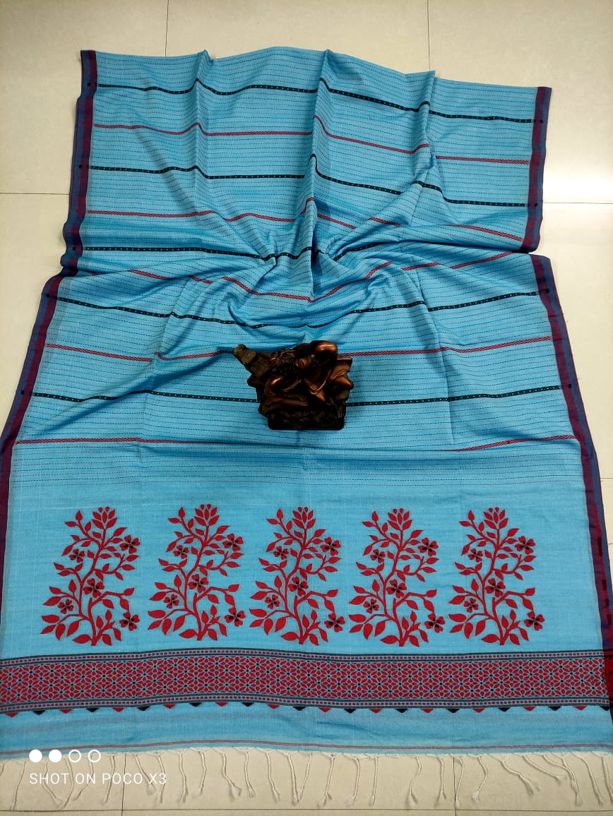 Charming Blue Stripe Pattern Handwoven Cotton Saree