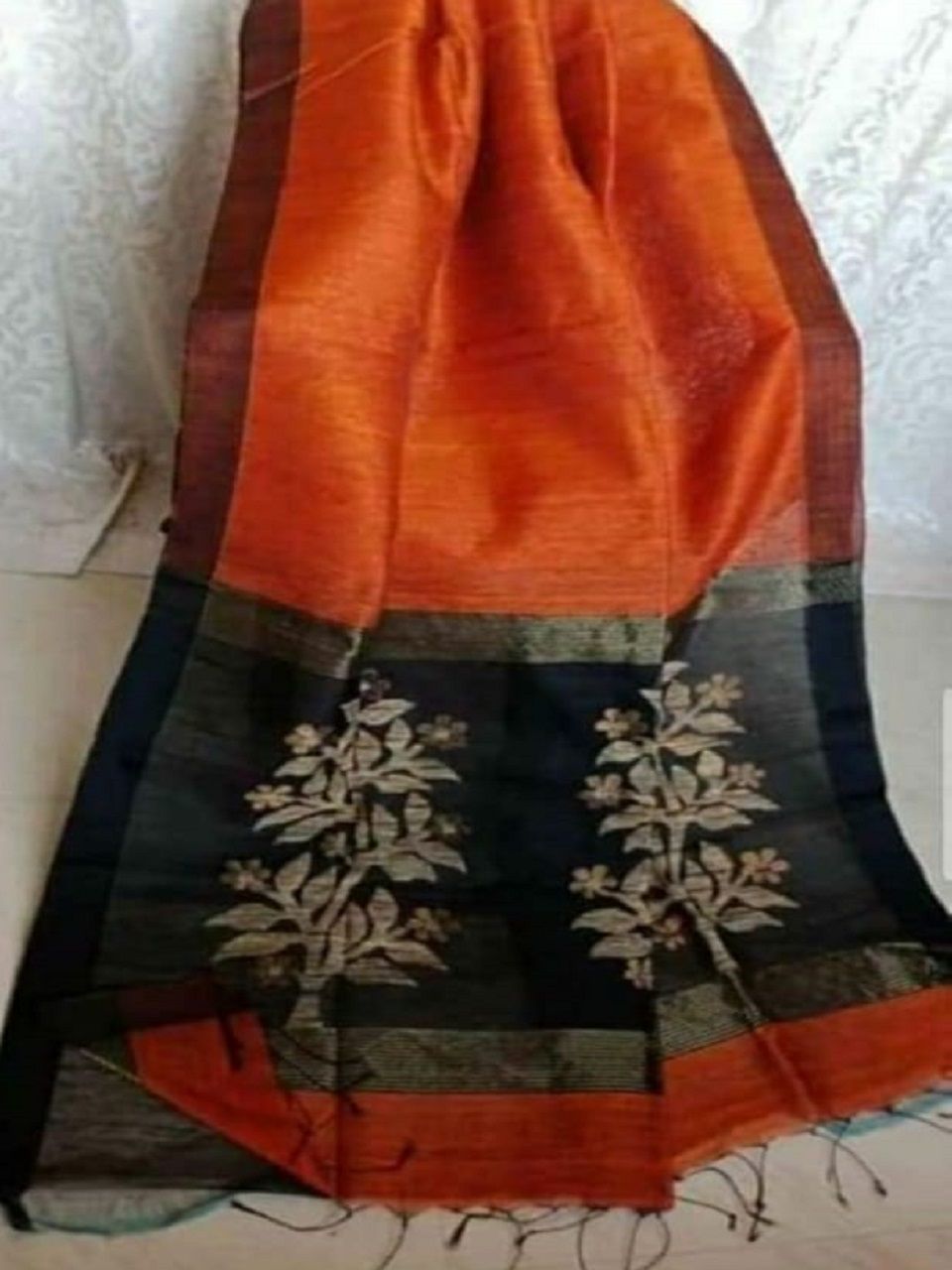 Classic Orange Black Handwoven Linen Silk Saree With Floral Design Pallu