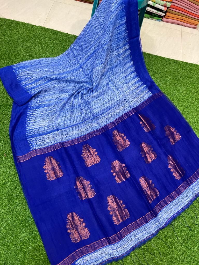 Classic White Blue Resham Matka Silk Shibori Design Saree