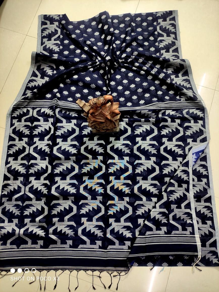 Dark Blue Cotton Handwoven Jamdani Saree