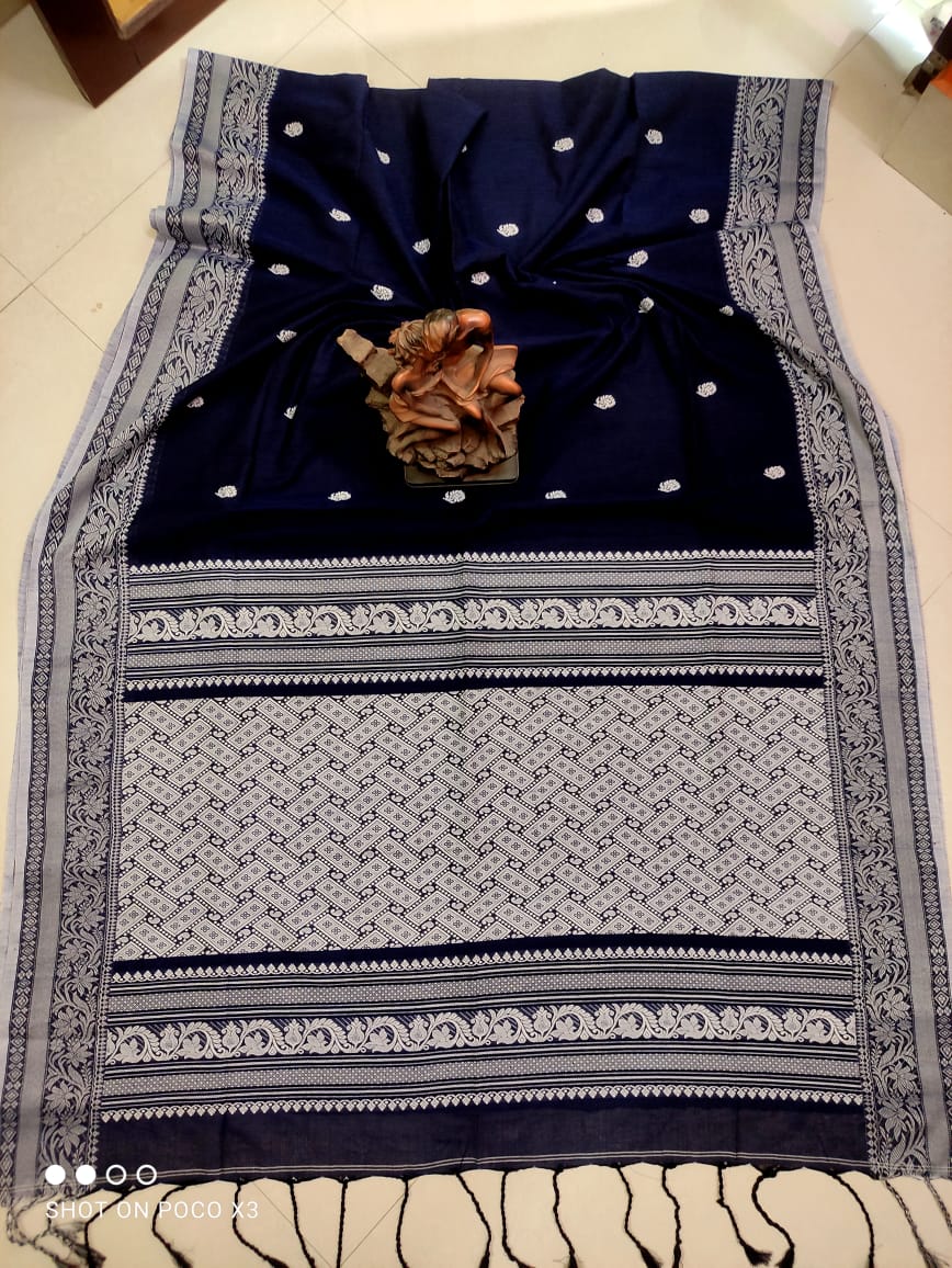 Dark Blue Intricately Handwoven Cotton Saree With Beautiful Pallu