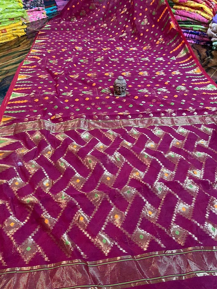 Dark Pink Multicolor Blend Dhakai Jamdani Cotton Silk Saree Without Blouse