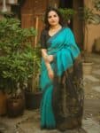 Dark Turquoise Blue Handwoven Linen Silk Saree With Floral Design Pallu