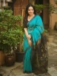 Dark Turquoise Blue Handwoven Linen Silk Saree With Floral Design Pallu