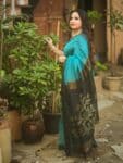 Dark Turquoise Blue Handwoven Linen Silk Saree With Floral Design Pallu