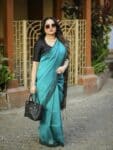 Dark Turquoise Blue Handwoven Linen Silk Saree With Floral Design Pallu