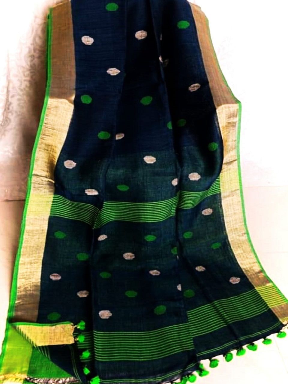 Deep Blue Green Fusion Ball Butti Linen Jamdani Saree