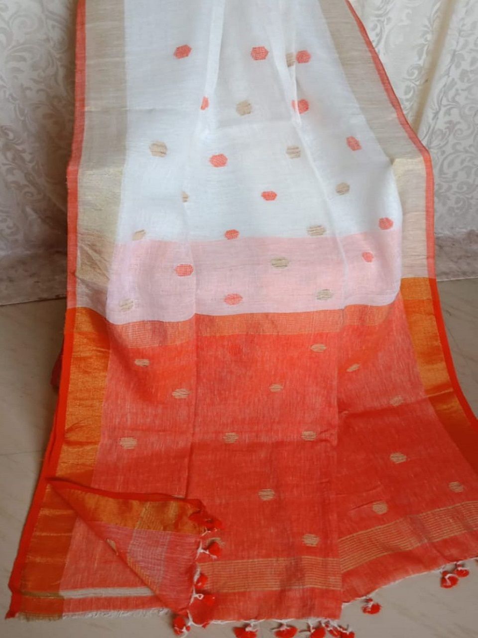 Divine White Orange Fusion Ball Butti Linen Jamdani Saree