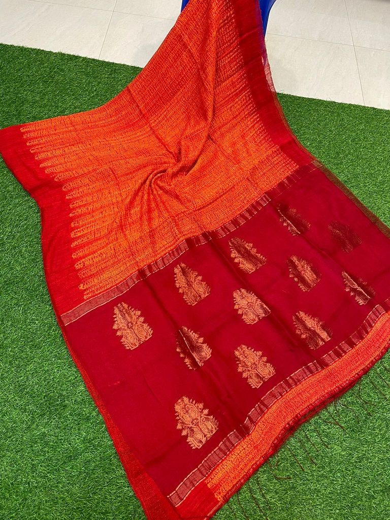 Enticing Orange Red Blend Resham Matka Silk Shibori Design Saree