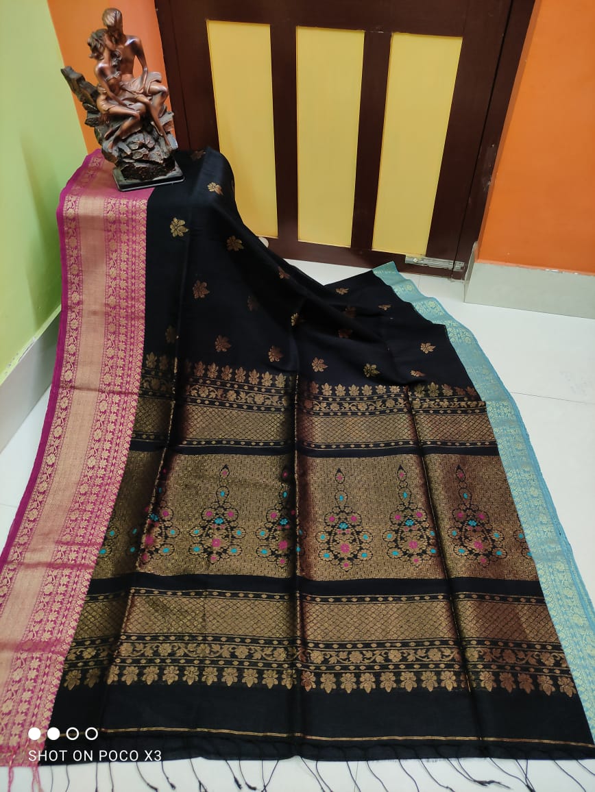 Gorgeous Black Handwoven Kanjivaram Inspired Linen Cotton Blend Saree