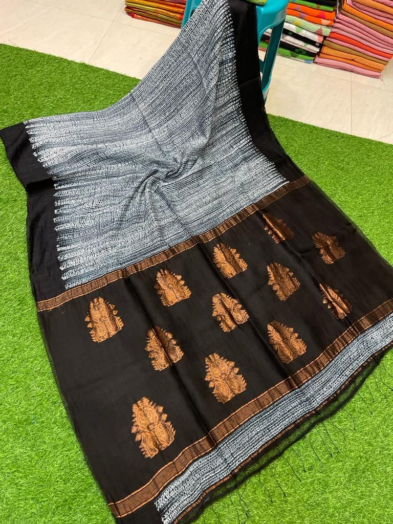 Gorgeous White Black Resham Matka Silk Shibori Design Saree