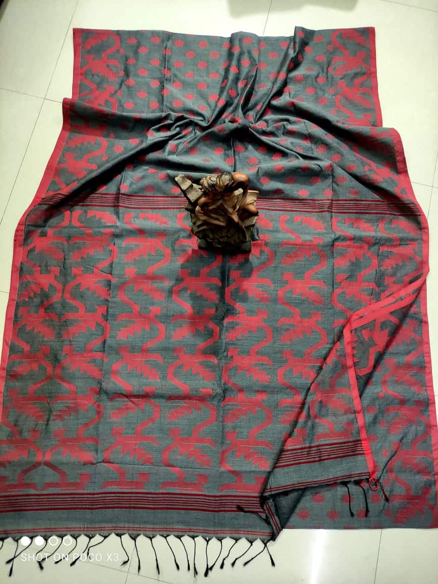 Grey Cotton Handwoven Jamdani Saree