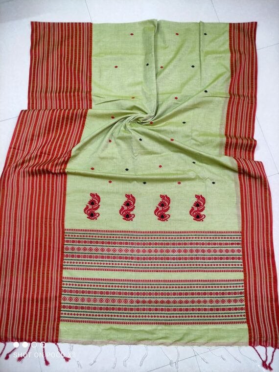 Impressive Green Red Pure Cotton Handwoven Saree