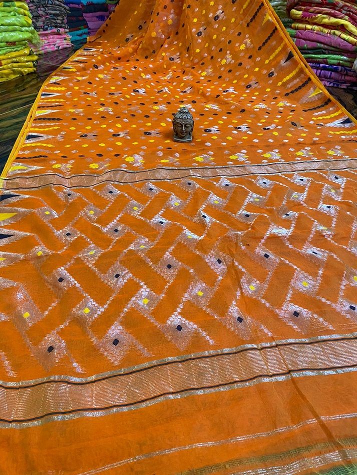 Light Orange Multicolor Blend Dhakai Jamdani Cotton Silk Saree Without Blouse